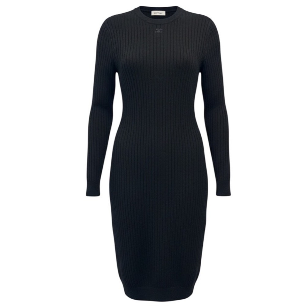 Courreges Black Ribbed Merino Wool Sweater Dress AC Logo Long Sleeve Size 2